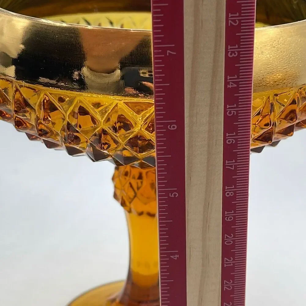 Vintage Indiana glass amber compote bowl diamond pattern pedestal